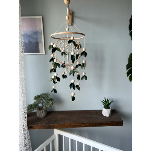 Baby mobile forest, crib mobile tree and leafs, Nursery mobile green floral baby mobile, macrame handing mobile, woodland crib mobile