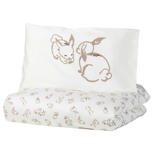 RÖDHAKE Duvet cover 1 pillowcase f crib - rabbit pattern/white/beige 43x49/14x22 "