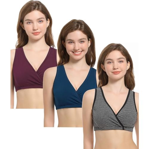 CAKYE 3 Pack Maternity Nursing Sleep Bra Breastfeeding Cotton Bralette