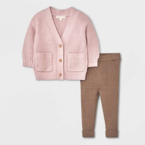 Grayson Collective Baby Girls' Cardigan & Ribbed Leggings Set - Light Pink/Brown, Size: 0-3M