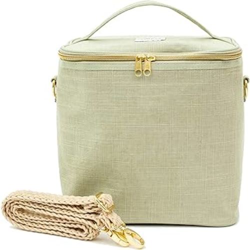 SoYoung Lunch Poche - Insulated Lunch Bag for Work, Travel & Picnic, Aesthetic Design, Linen/Cotton, Machine Washable, Detachable Strap - Sage Green