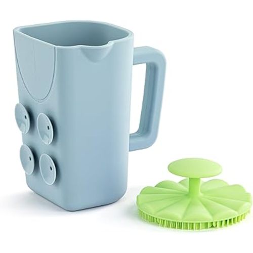 DEMDACO Love to Play Collection Baby Bath Rinse Cup and Silicone Scalp Scrubber Set - Gentle Hair Washing Aid for Infants & Toddlers Soft Silicone Kids' Brush & Ergonomic Rinse Pitcher, Green