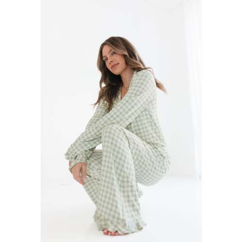 Green Gingham Women's Long Sleeve Ruffle Set