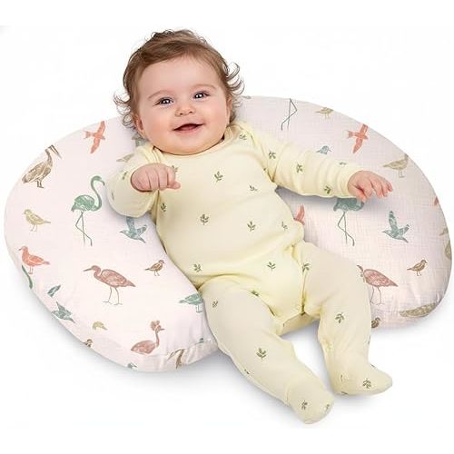 Little Grape Land Muslin Nursing Pillow for Breastfeeding, Soft and Supportive Breastfeeding Pillow for Mom and Baby, Cute Feeding Pillow with Removable Cover for 0–12 Months(Wetland Birds)