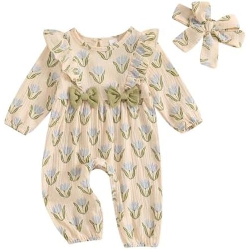 SAYOO Smocked Baby Girl Clothes Cotton Linen Floral Bubble Romper Long Leg Bodysuit Frill Trim Ruffle One-Piece Jumpsuit