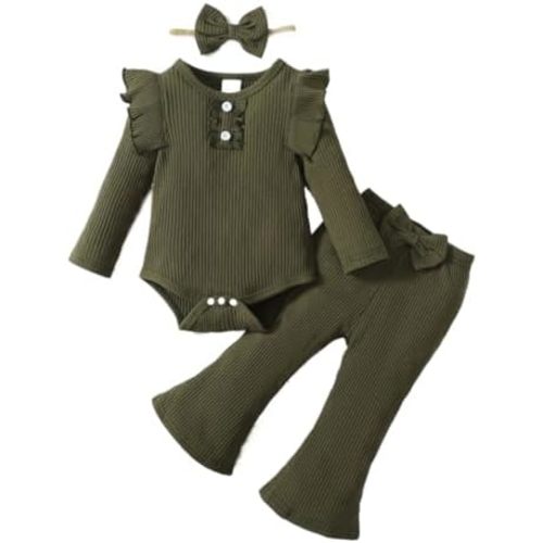 Infant Baby Girls Outfit Cute Ruffle Sleeve Ribbed Knit Romper Bodysuit and Flare Pants Clothes Set 3 Piece