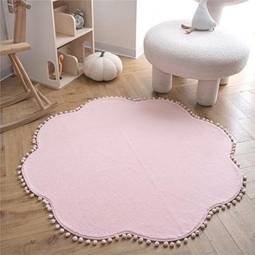STARUIA Princess Pink Rug for Girls Bedroom 4 Ft, Fluffy Flower Kids Rug with Pom Poms Fringe for Princess Tent, Washable Nursery Rug Shag Floral Carpet for Teens Dorm Playroom Classroom