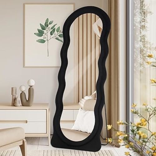 Full Length Mirror 63"x24" Arched Wavy Full Body Wall Mounted Floor Mirror with Stand Black Flannel Frame Leaning Hanging Wall Mirror for Bedroom Entrance