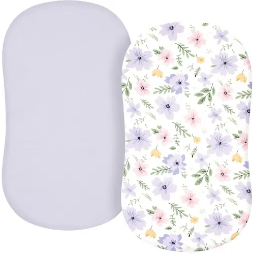 TILLYOU Baby Bassinet Sheets for Girls Boys, Fit for Hourglass Oval Rectangle Bassinet Mattress Sheets, 33”X16”, 2 Pack Brilliant Little Flowers and Purple