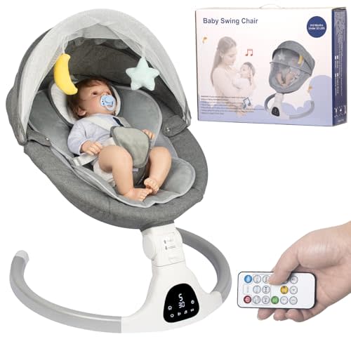 JFOVMCYG Electric Baby Swing for Infants, with Bluetooth Remote Control Timing Function and 10 Music 5 Swing Speeds 3 Seat Positions Baby Bouncer for Boy Girl Indoor & Outdoor Use (Gray)