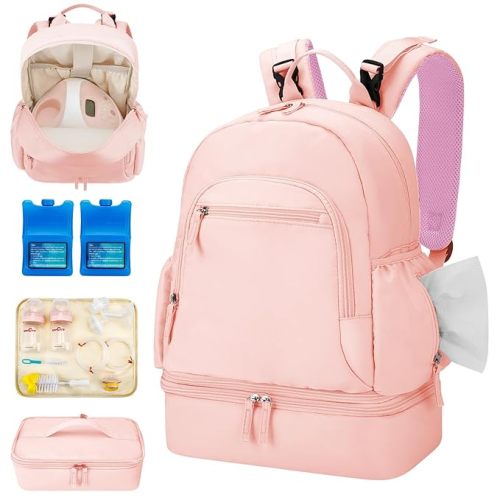 Breast Pump Backpack Fit for Spectra S1 and S2 with Removable Cooler Compartment, Pumping Bag for Pump Accessories, Breast Pump Bag for Work, Travel and Family Use Pink