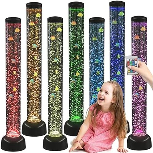 Playlearn 3.3ft Bubble Tube with Remote Control - 8 Fake Fish - Color Changing LED Lights - Sensory Bubble Lamp – Fake Fish Tank Floor Lamp