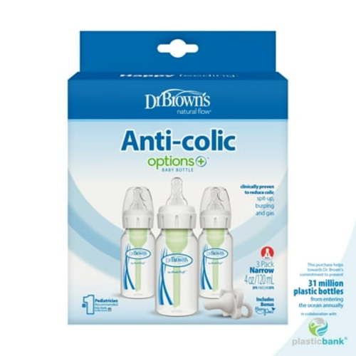 Dr. Brown’s Natural Flow Anti-Colic Options+ Narrow Baby Bottle, 4oz, Slow Flow, 0m+, 3 Pack