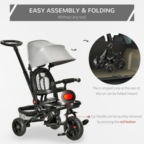 Vynxaria Baby Tricycle 4 In 1 Trike W/ Reversible Angle Adjustable Seat Removable Handle Canopy Handrail Belt Storage Footrest Brake Clutch