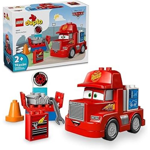 LEGO DUPLO Disney and Pixar’s Cars Mack at The Race Construction Set, Toddler Toy for Boys and Girls, Car Toy for Kids to Learn Through Play, Buildable Red Hauler Truck from The Cars Movie, 10417