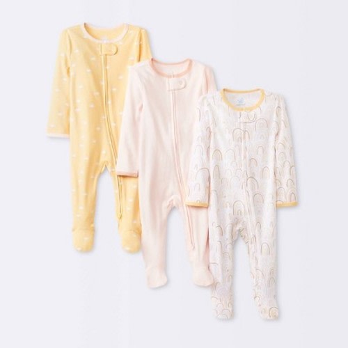 Baby Girls' 3pk Tight Fit Zip-Up Sleep N' Play - Cloud Island™, Color: Yellow | Light Pink, Size: 3-6M
