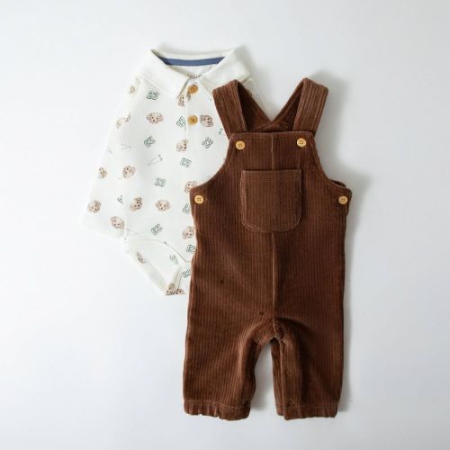 Picolette by Olivia Culpo Baby Boys' Oliver Dog 2pc Long Sleeve Bodysuit and corduroy Overalls Set - Brown/White 0-3M