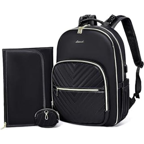 LOVEVOOK Leather Diaper Bag Backpack, Quilted Baby Bag with Changing Pad & Pacifier Holder, Waterproof Travel Diaper Bags with USB Charging Port for Baby, Stylish and Large Capacity, Black