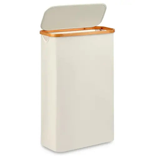 Slim Laundry Basket,Tall laundry Hamper with Lid,60L Hamper for Laundry,Dirty Cloth Hamper with Bamboo Handle for Toys,Towels, Clothes Organizing,Beige