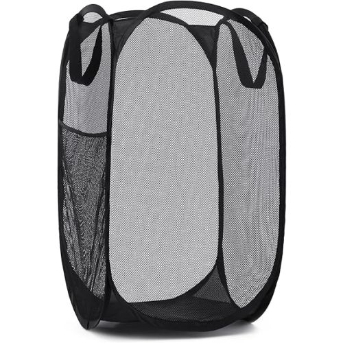 Handy Laundry Collapsible Mesh Pop Up Hamper with Wide Opening and Side Pocket – Breathable, Sturdy, Foldable, and Space-Saving Design for Clothes and Storage. (Black)