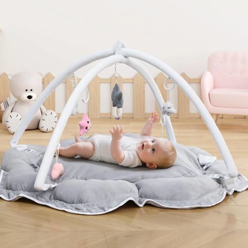 5-in-1 Baby Play Gym and Tummy Time Mat - Thick & Plush Play Mat with 6 Sensory Toys, Convertible Activity Center for Newborn to Toddler, Ball Pit (No Balls Included) & Pet Cushion - Grey