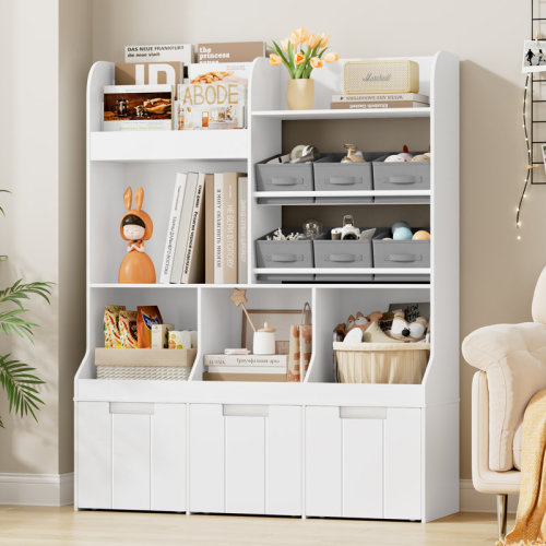 Lark Manor™ Dontray 50.2"H Kids Toy Organizer with Bookshelf, Multi-Purpose Toy Storage Bookcase for Kids with Open Shelves, 6 Removable Fabric Bins, 3 Wheeled Drawers, Space-Saving Kids Furniture for Bedroom/Playroom & Reviews | Wayfair