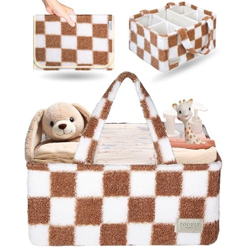 Toodly Checkered Diaper Caddy Organizer with Portable Changing Mat - Teddy Fleece Diaper Organizer for Changing Table - Caddy Organizer with Removable Dividers - Light Taupe and White