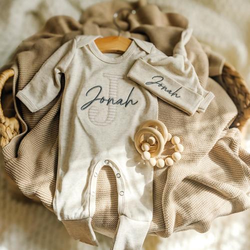 Baby Boy Going Home Hospital Outfit Set: Embroidered Newborn Long Sleeved Romper, Custom Infant Name Outfit, Baby Gift for New Mom