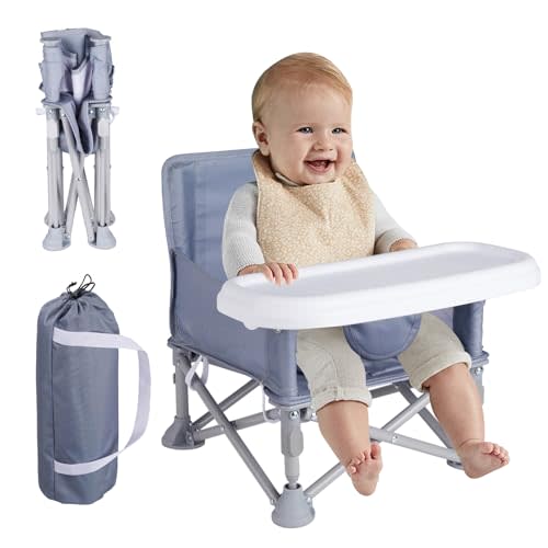 Furmubei Portable Baby Booster Seat with Tray, Toddler Booster seat for Dining, Camping, Travel, Baby Beach Chair 6 Months to 3 Years Old Indoor Outdoor Use Grey