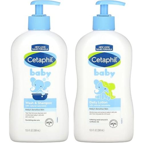 Cetaphil Baby Wash & Shampoo Plus Body Lotion, Healthy Skin Essentials, Head to Toe Hydration for up to 24 Hours, for Delicate, Sensitive Skin, 2-Pack,White