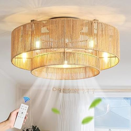 20 Inch Boho Caged Ceiling Fans with Lights Flush Mount, Layered Rattan Ceiling Fan with Light Remote Control with Reversible 6 Speeds for Bedroom, Nursery, Living Room, E12 Base, Indoor-Gold