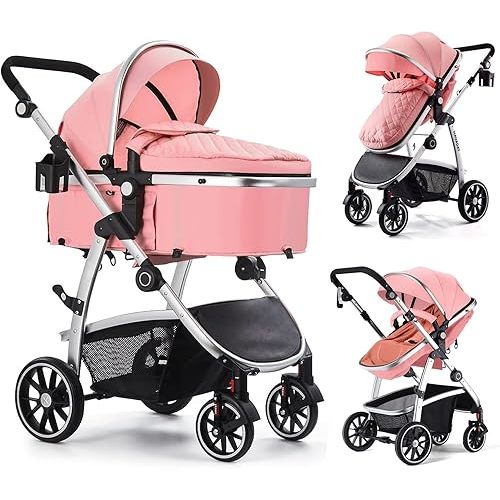 Baby Stroller, 2-in-1 Reversible Toddler seat with Bassinet Mode, Foldable Infant Stroller with Canopy, One Button Brake, Adjustable Handle, Newborn Pushchair(Pink)