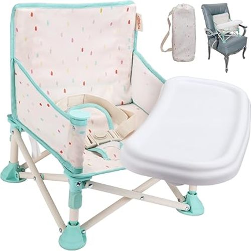 Tiny Marvels 3-in-1 Portable Baby Chair, Foldable Booster Seat with Removable Tray, Safety Harness & Carry Bag for Dining, Travel, Camping, Beach, 6M-3Y (Cream Confetti)