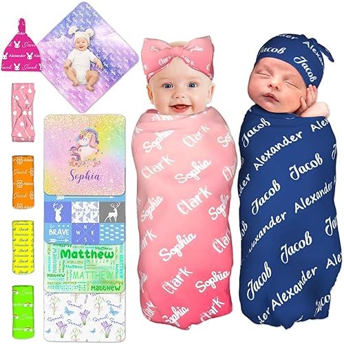 Personalized Baby Swaddle Blanket Custom Name Swaddle Blanket for Boy Girl Customized Blanket with Bow Headband and Hat Set Customizable Newborn Items Gifts