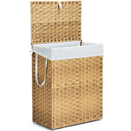 DUMOS Woven Laundry Basket with Lid, 90L Large Capacity Hamper, Removable & Machine-Washable Liner, Foldable Rattan Clothes Hamper, Sturdy Steel Frame, Odor Control, Goose Yellow