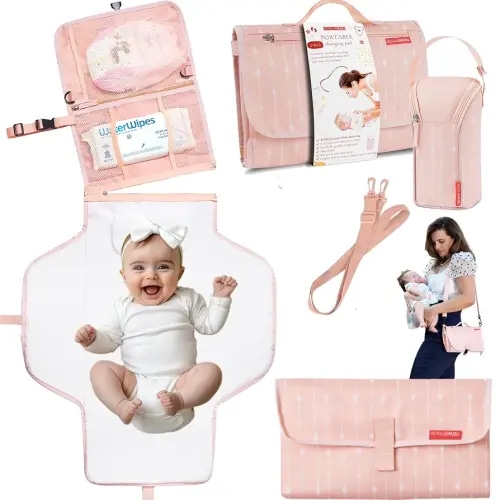 Premium Portable Diaper Changing Pad – CPC Certified Waterproof 2-in-1 Diaper Clutch & Changing Mat with Head Cushion – Bonus Insulated Bottle Bag – Travel Kit Gift for Baby Girls & Boys (Peach)