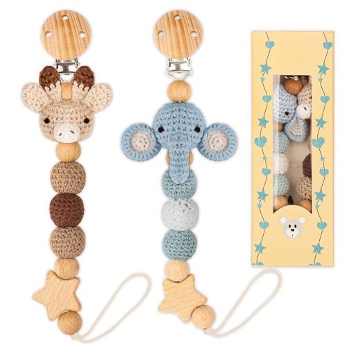 Pacifier Clip, 2 Pack Pacifier Holder for Boys and Girls, Cute Deer Handmade Knitted Christmas Pacifier Clip Fits for Most Pacifier, Baby Teethers, Baby Shower and Baby Gift(Elephant&Deer)
