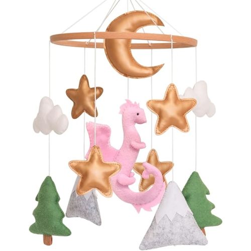 Dragon Baby Mobile, Forest Mobile for Crib, Pink Crib Mobile Girls, Nursery Mobile for Bassinet, Pack and Play, Moon, Pink Dragon, Cloud, Star, Mountain, Tree