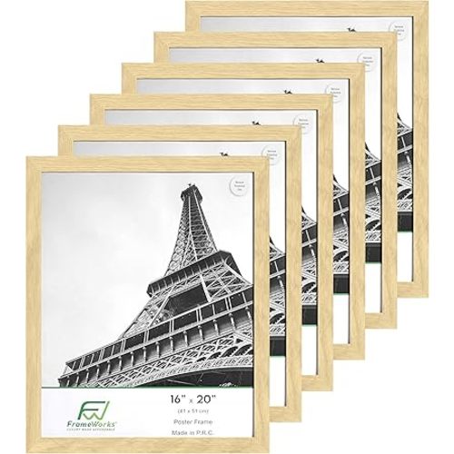 FrameWorks 16”x20” Wooden Poster Frame, Classic Natural Oak Matte Edged Frames w/Shatterproof Acrylic Glass, Photos, Posters, Prints, Wall Decor – Home, Office, Gallery Display - Natural Oak - 6 Pack