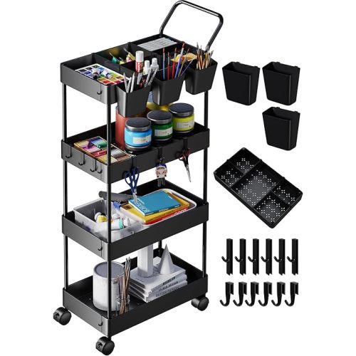 Slim Storage Cart, Black 4 Tier Narrow Rolling Cart with Wheels, Utility Cart with Dividers Handle Hanging Cups Hooks, Premium Art Organizer Cart, Craft Cart for Small Space, Teachers