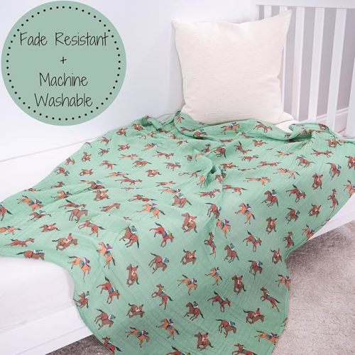 LollyBanks Swaddle Blanket, 100% Cotton Muslin Swaddle Blankets, Neutral Swaddle Blanket 47 x 47 Inches, Baby Blanket for Boys and Girls, Baby Essentials, Registry (Horse Racing Print)