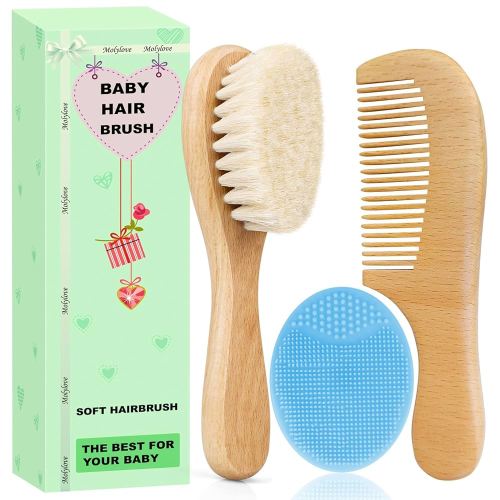 Baby Hair Brush with Wooden Handle and Comb Set for Newborns & Toddlers | Natural Soft Goat Bristles l Wood Comb l Blue Cradle Cap Brush| Ideal for Cradle Cap (3 Piece)