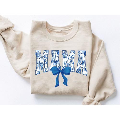 Floral Coquette Bow Mama Sweatshirt, Blue Bow Mothers Day Gift, Flower Lettering Mom Hoodie, Retro New Mom Gift, Christmas Flower Mama Shirt