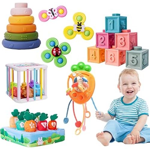 Baby Toys 6-12 Months, Montessori Toys for 1 Years Old, 6-in-1 Set Infant Toys with Sensory Toys, Spinner Toys for Babies, Baby Blocks, Stacking Toys, Learning Toys Gifts for Toddler Newborn, 32PCS