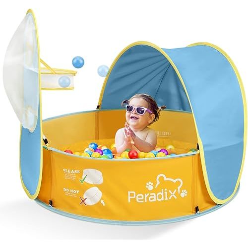 Peradix Paddling Pool for Kids & Pets, Kids Ball Pit Tent 3 in 1, Pop Up Wading Pool Tent with UV Protection Sunshade Canopy Basketball Hoop, Portable Beach Backyard Toys for Indoor Outdoor Activity