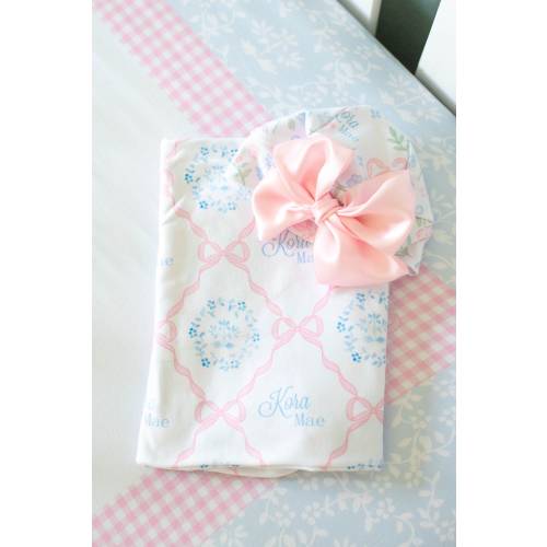 Personalized Pink Heirloom Bows Swaddle Blanket - Soft Knit, Stretchy, Large, Custom Name, Pale Pink & Blue, Perfect Baby Girl Gift