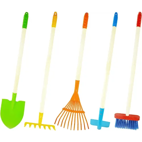 POMIKU Kids Shovel, Rake for Leaves, Spade, Hoe and Broom, 5 Pieces Garden Tools for Gardening, Gifts for Boys Girls Age 3 4 5 6 7 8 Years Old