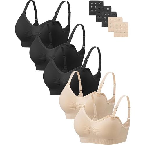 Angelhood Nursing Bra 5 Pack Womens Maternity Breastfeeding Seamless Wireless Sleep Bra with Extenders