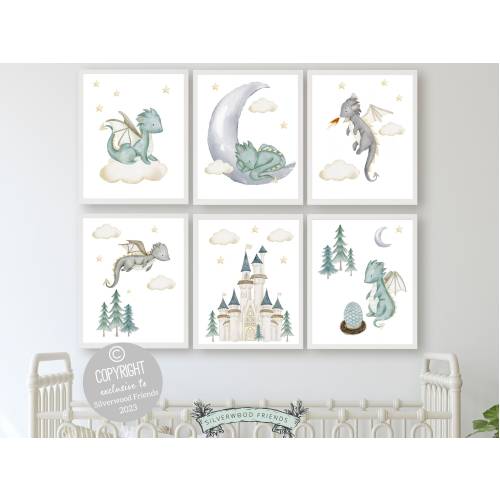 Set of 6 Baby Dragon Nursery Prints, Dragon Nursery Decor, Dragon Nursery Wall Art, Dragon Baby Shower, Fantasy Nursery Decor Digital Prints