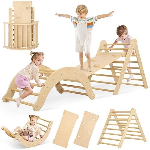 7-in-1 Climbing Toys for Toddlers 1-3 Inside, Foldable Wooden Montessori Climbing Set Indoor, Pikler Triangle Set with Arch, Ramp & Ladder - Natural